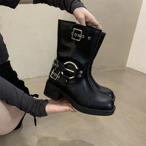 Winter Short Boots For Women Fashion Belt Buckle Biker Boots Female Elegant Square Heel Women's Knight Bootties