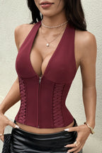 Sexy Deep V Boned Cami Zip Tie Waist Halter Top
