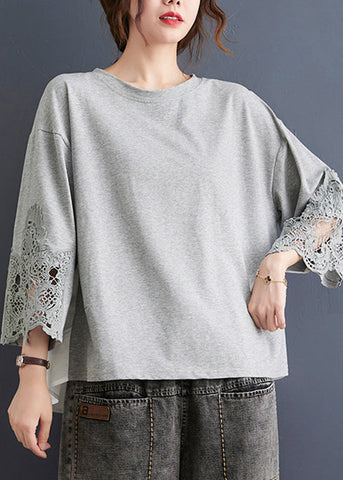 Frauen Grau Rüschen Spitze Patchwork Baumwolle Tops Frühling 