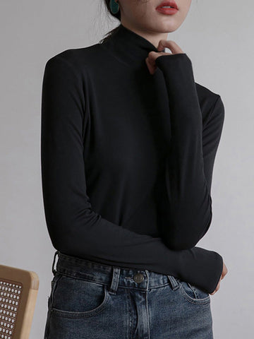 Camiseta informal de manga larga y cuello alto en 6 colores 