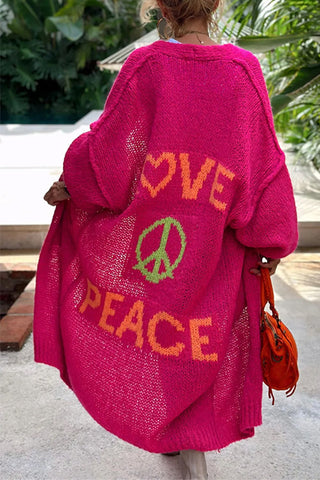 Suéter largo tipo cárdigan con estampado "Amor y Paz" y frente abierto (en 5 colores) 