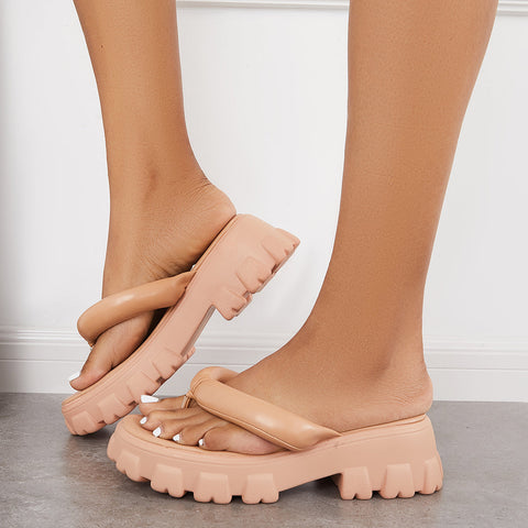 Gepolsterte Plateau-Flip-Flops mit dicken Riemen, Sandalen, Strandpantoffeln 