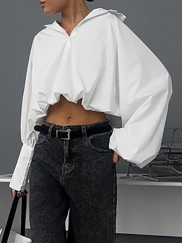 Loose Puff Sleeves Asymmetric Solid Color Split-Joint Lapel Blouses&Shirts Tops