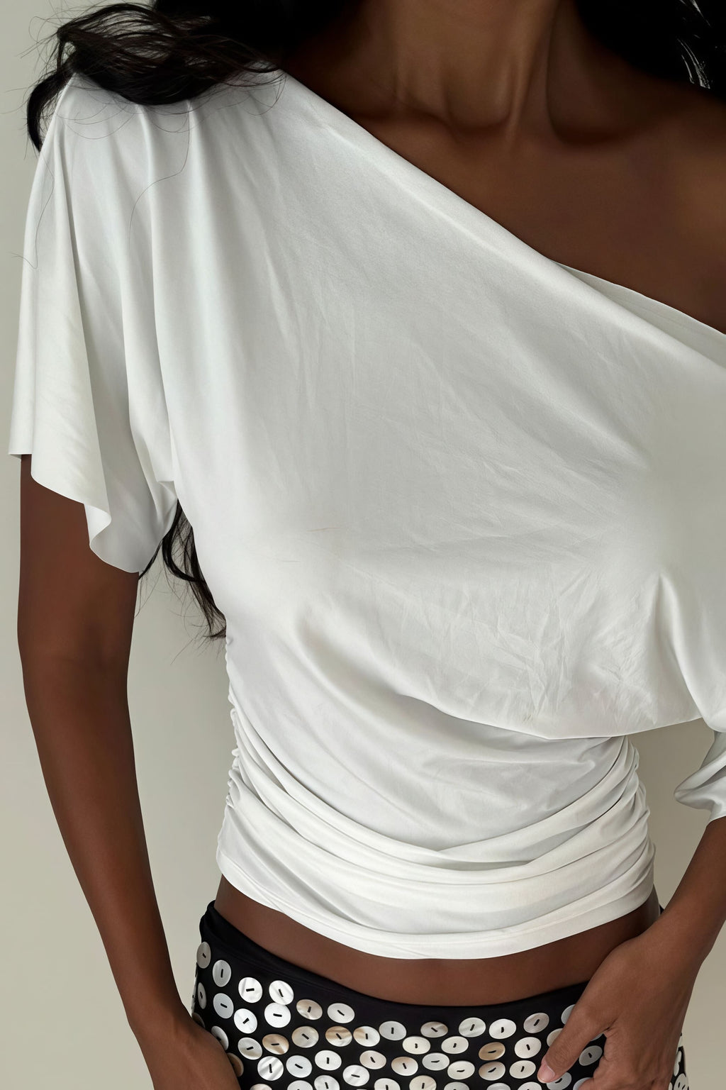 Chic Solid Off Shoulder Shirred Waist T-shirt