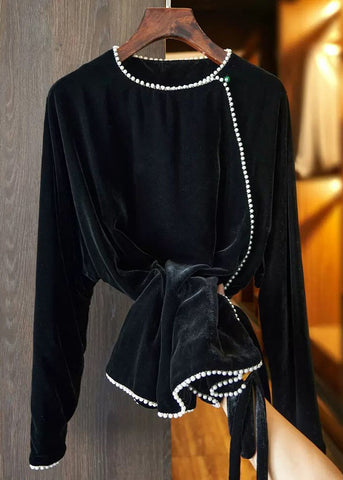 Tops holgados de terciopelo de seda con patchwork de perlas y cuello redondo en negro para otoño 