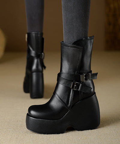 Schicke Splicing Wedge Boots Schwarzes Rindsleder 