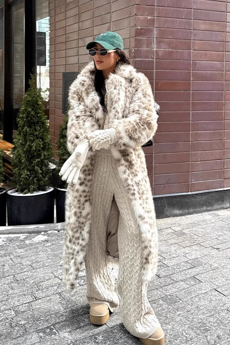 Leopard Print Faux Mink Fur Eco Long Blazer Collar Overcoat