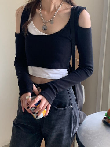 Sexy Patchwork Long Sleeve T-shirts Women Slim Fit Fashion Crop Tops Hot Girls Irregular Skinny Elegant Casual Off-shoulder Tees