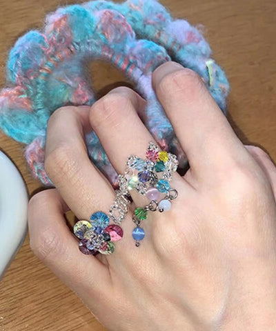 Anillos con borlas florales y perlas de cristal arcoíris para mujer 