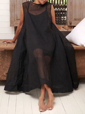 Vestido midi de corte A, suelto, con bolsillos, transparente, color liso, cuello redondo 