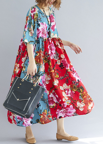 Hermoso vestido de verano holgado con cuello redondo, estampado de lino y algodón acolchado, con patchwork, en rojo y verde 