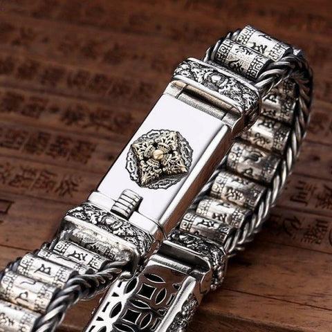 Sterling Silver Buddhist Mantra Vajra Pestle Wheels Bracelet