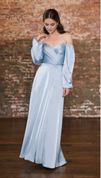 square neckline off shoulder long sleeved backless side slit and floor length Prom dress