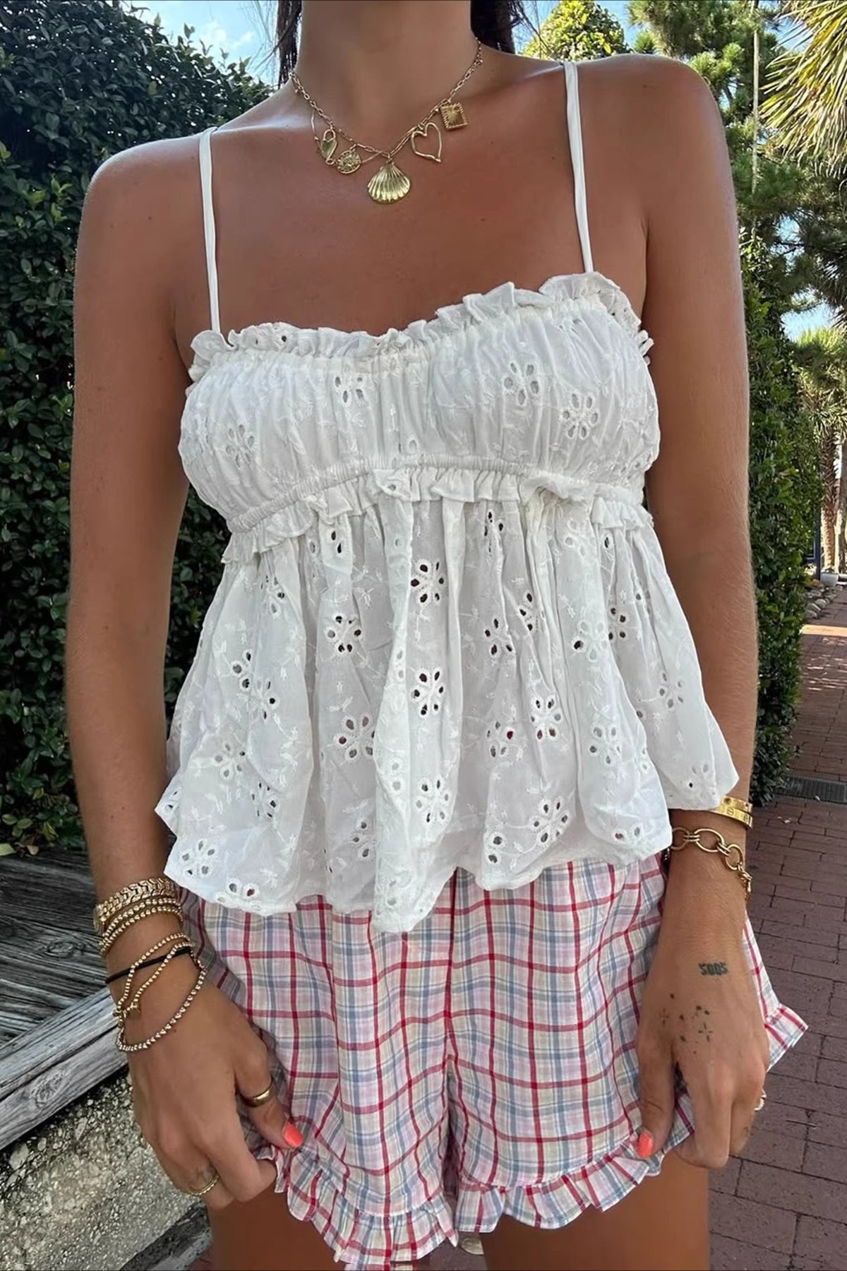 Embroidery Ruched Lace Cami Top