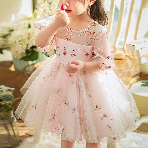 Vestido de niña de verano con estampado de flores rosas para comunión, bonito vestido de princesa 