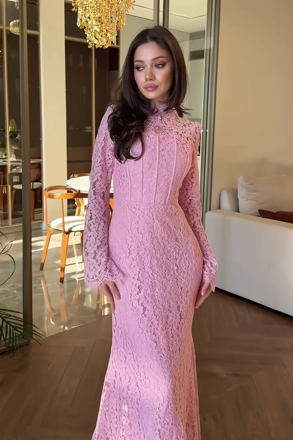 Lace Long Sleeve Mermaid Maxi Dress