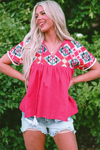 geometric embroidered tassel blouse in strawberry pink