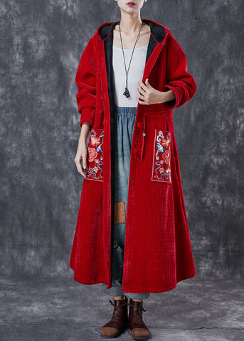 Roter orientalischer warmer Fleece-Cord-Trenchcoat bestickt Winter 