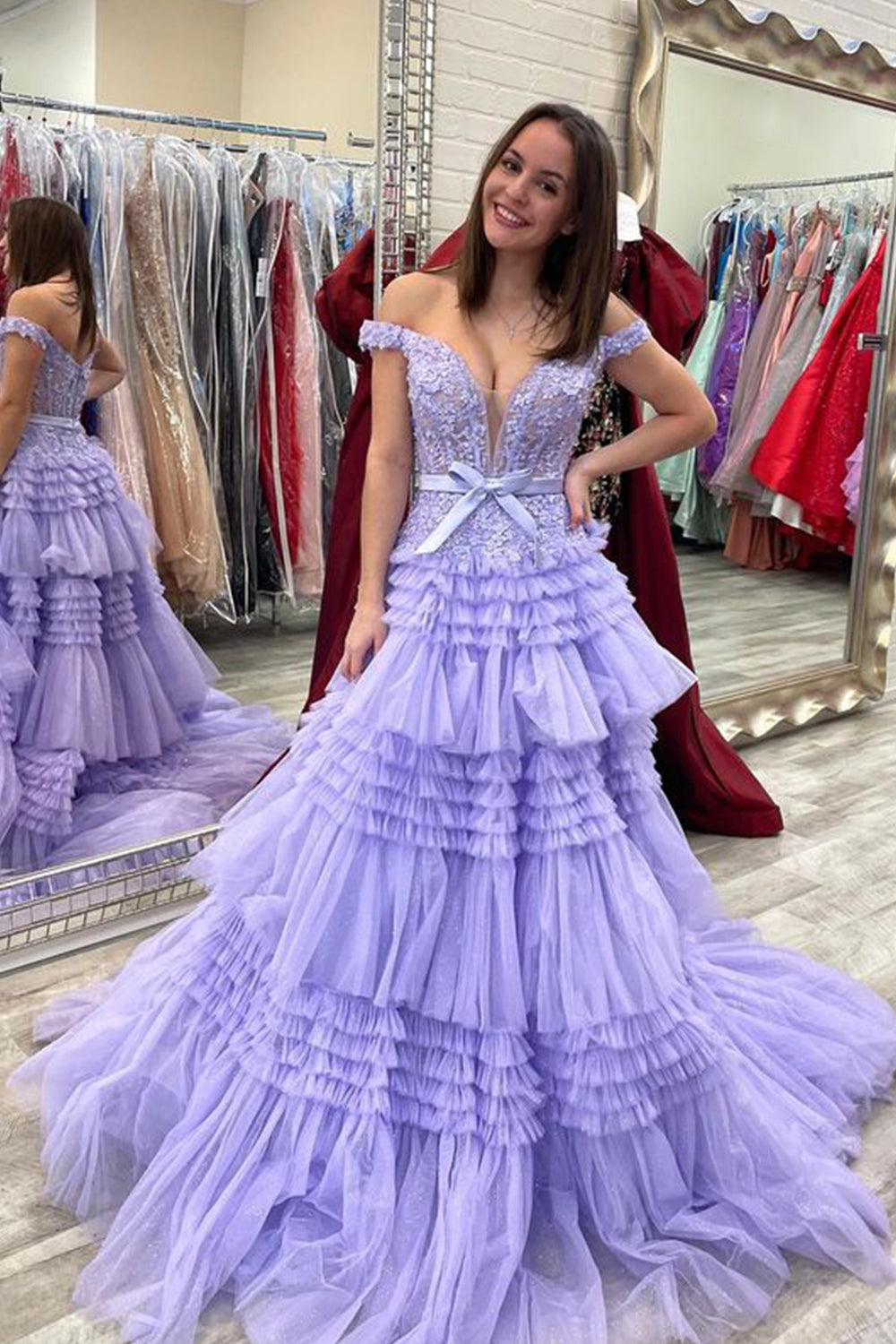 Prinzessinnen-Abendkleid in A-Linie, schulterfrei, lila, lang, mit Rüschen