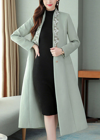 Mintgrüner Maxi-Trenchcoat aus Wolle mit Blumenstickerei und langen Ärmeln 