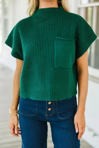 schwarzgrüner Rippstrickpullover mit kurzen Ärmeln 