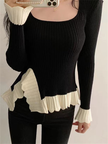 Tossy Ruffled Patchwork Vintage Pullover Sweater For Women Ribbed Contrast Elegant Long Sleeve Loose Knit Female Pullover 2023
