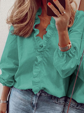 Blusas Falbala de color liso con cuello en V y mangas abullonadas 