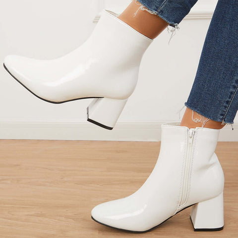 Botines de charol con tacón de bloque y punta cuadrada con cremallera lateral 