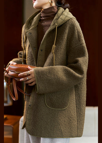 Lose Grüne Kapuzentaschen Patchwork Teddy Kunstpelz Mäntel Frühling 