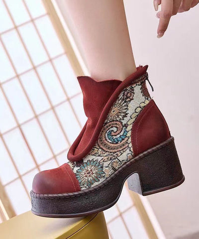 Retro-Stiefeletten mit Stickerei und klobigem Absatz in Kaffee 