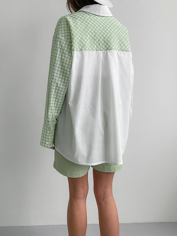 Long Sleeves Loose Buttoned Contrast Color Plaid Pockets Split-Joint Lapel Blouses&Shirts Tops