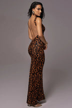 Leopard Print Ruched Round Neck Maxi Dress