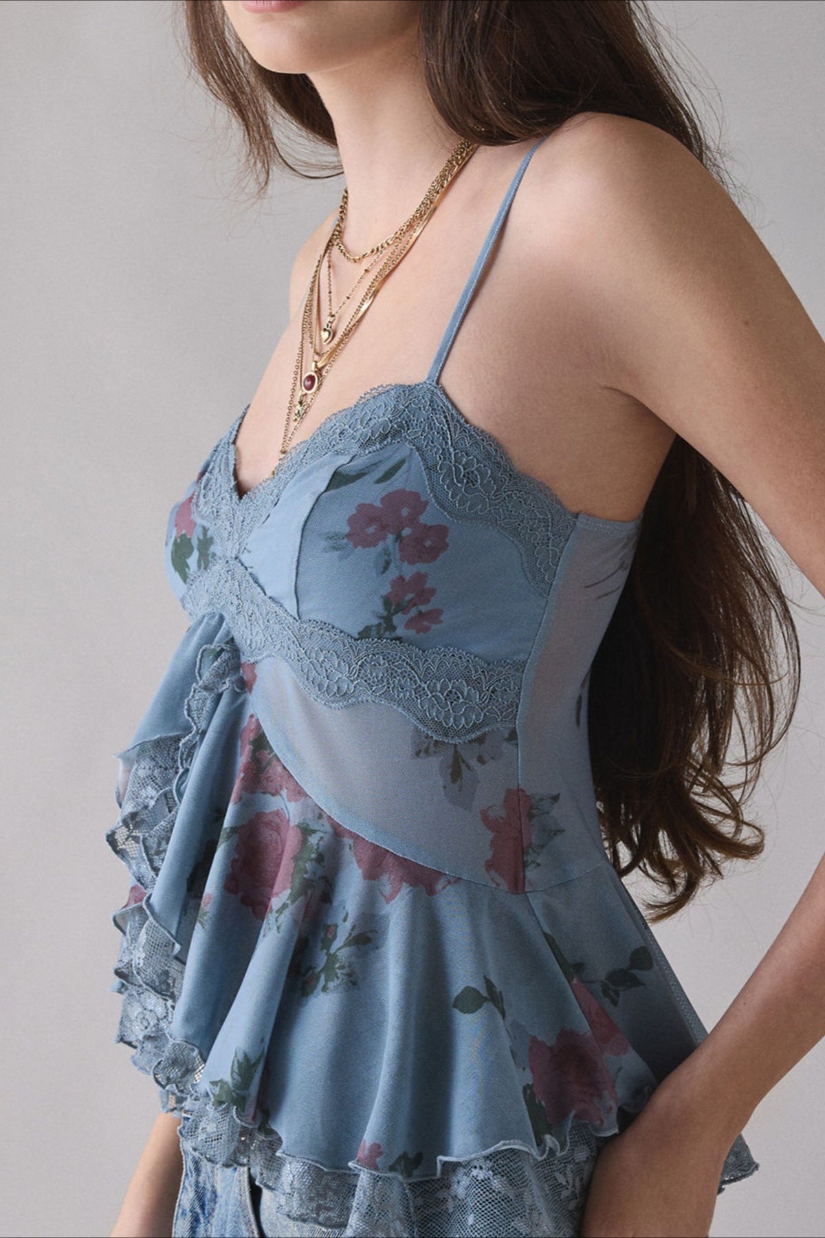 Retro Lace Mesh Splice Floral Cami Top