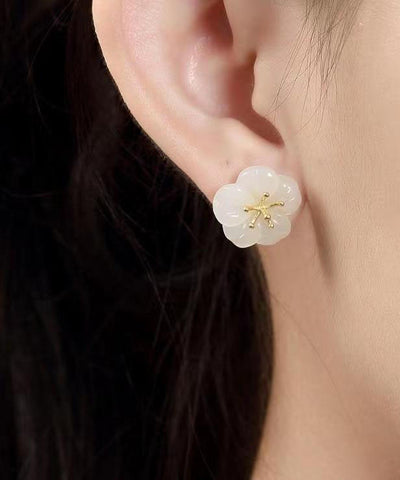 Pendientes DIY de flor de ciruelo con incrustaciones de jade y plata de ley blanca dorada 