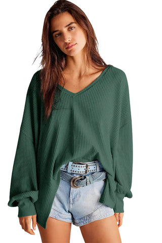 blackish green waffle v neck loose blouse