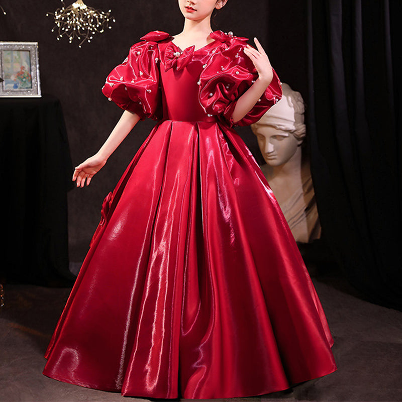 Blumenmädchenkleid, Kinder, Prinzessin, Kommunion, rote Schleife, Perlen, flauschiges Kleid 
