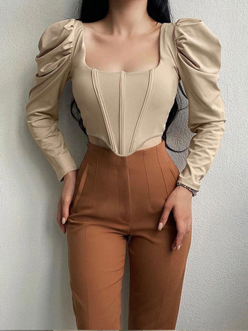 French Style Women Square Collar Irregular Crop Top Elegant Long Sleeve Solid Slim T-Shirt Lady Sexy Girdle Pullover Short Tee