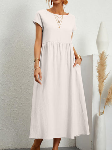 Vestidos midi holgados de manga corta, plisados, de color liso y cuello redondo 