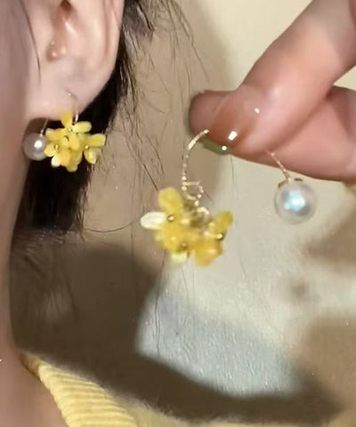 Cute Yellow Copper Acrylic Pearl Floral Hoop Earrings