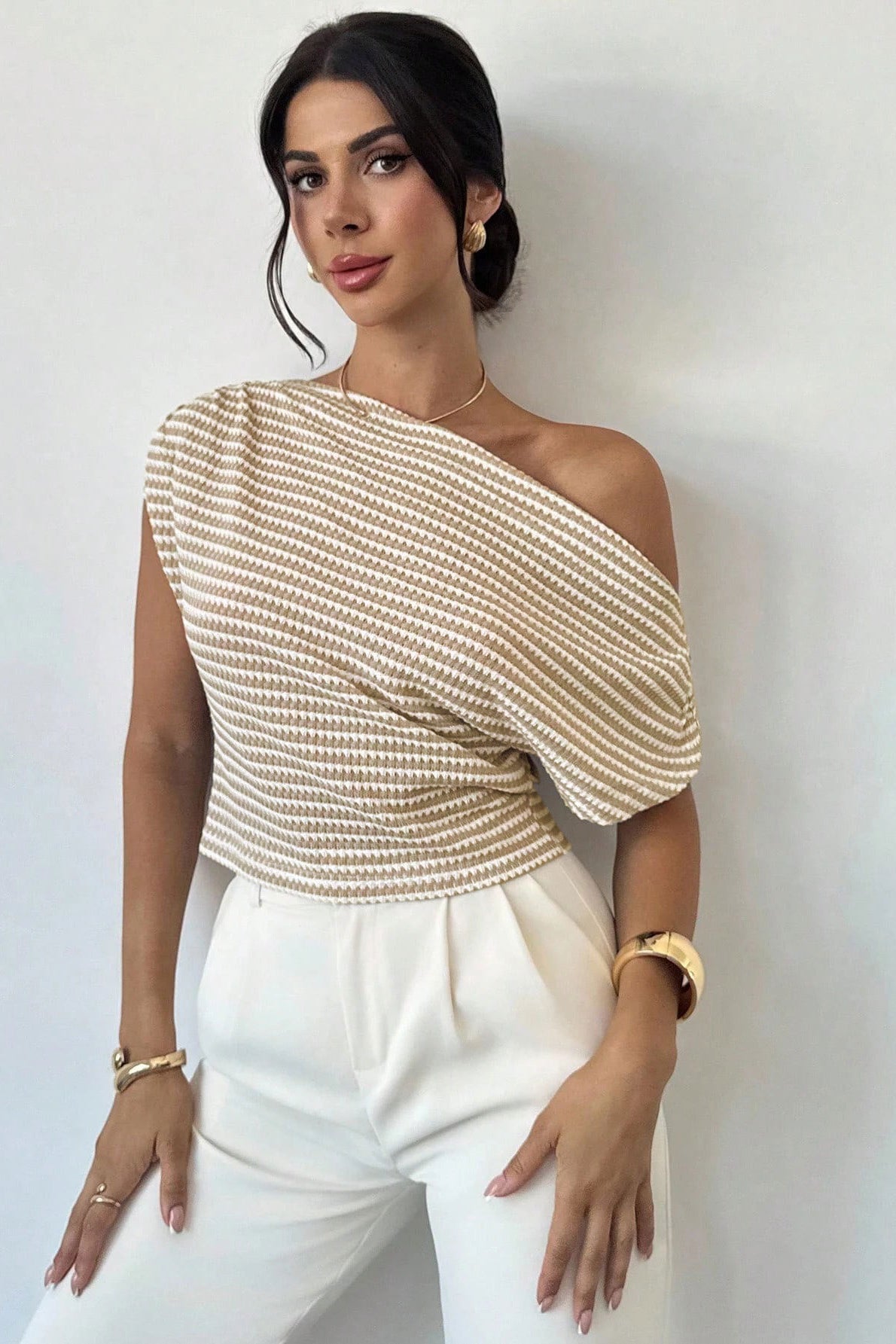 One Shoulder Striped Knit T-shirt
