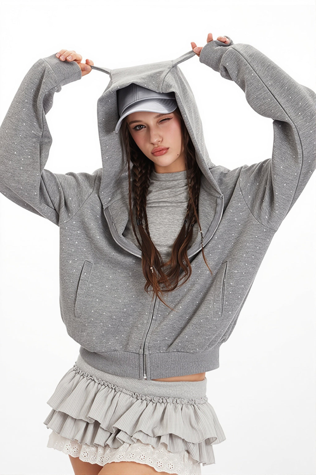 Star Print Ear Decor Cropped Hoodie