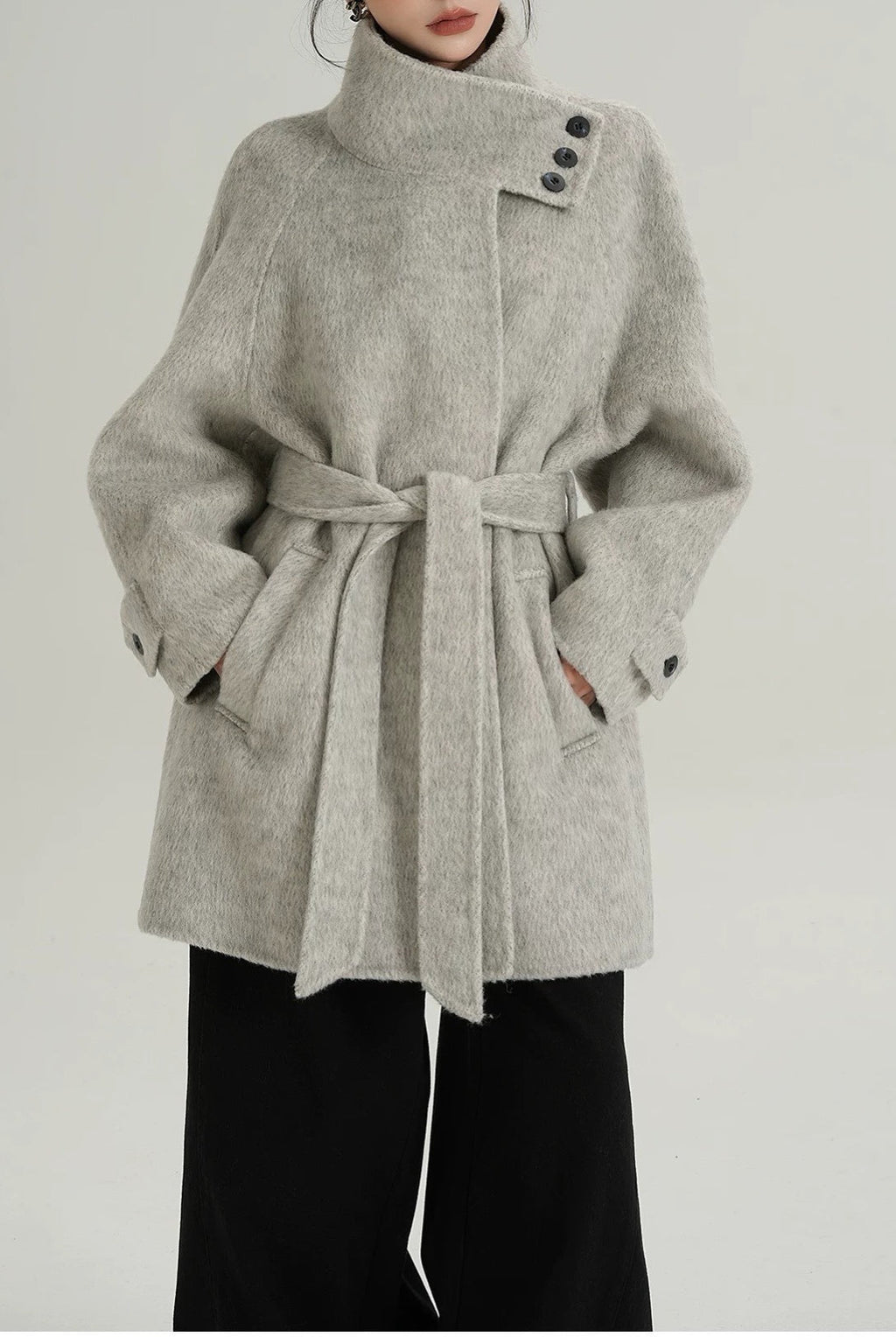 Chic Solid Wool Warm Loose Mock-neck Coat