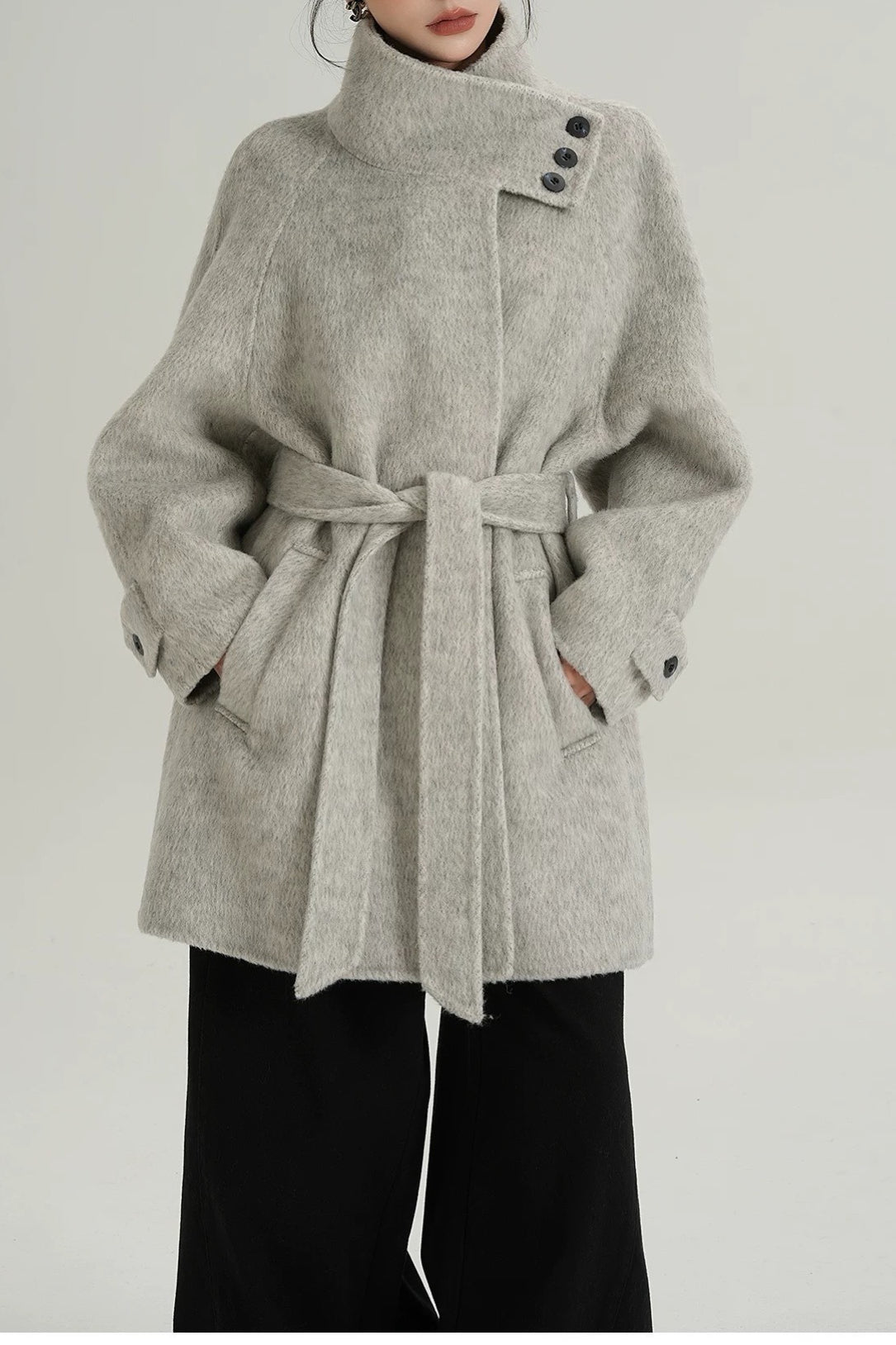 Chic Solid Wool Warm Loose Mock-neck Coat