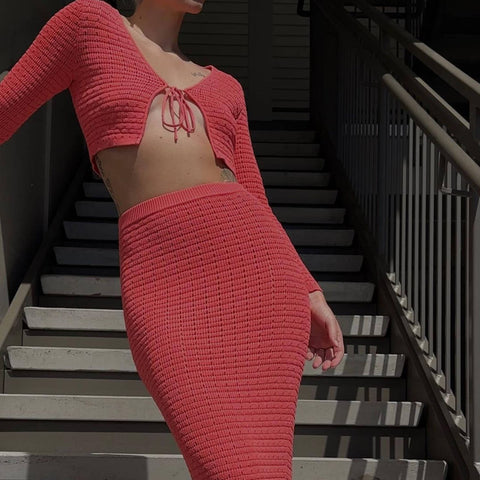 Cárdigan corto informal con aberturas y cordones para mujer, de punto, con falda sexy 