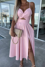 Solid Deep V Cut Out Cami Swing Slit Maxi Dress