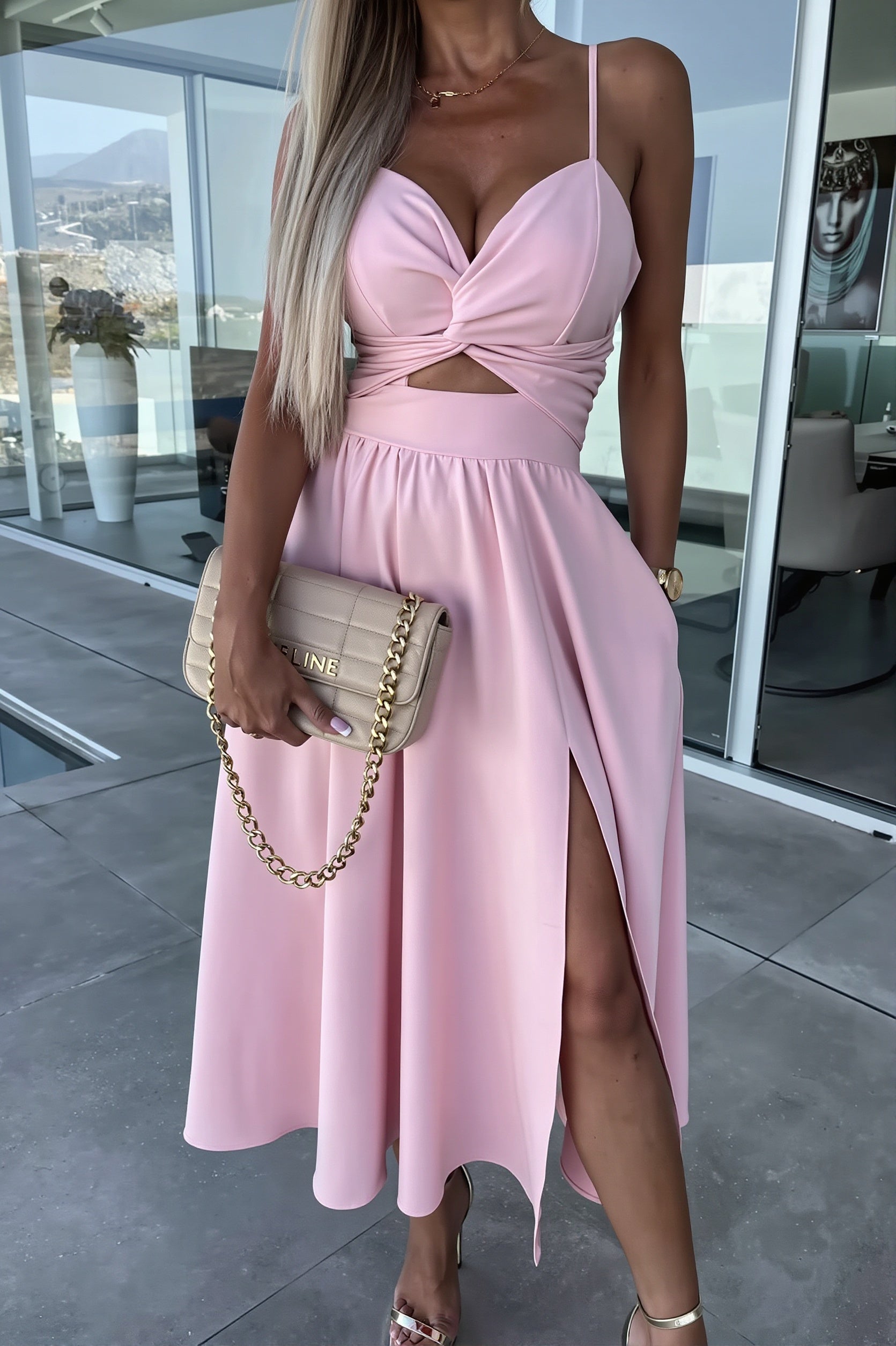Solid Deep V Cut Out Cami Swing Slit Maxi Dress