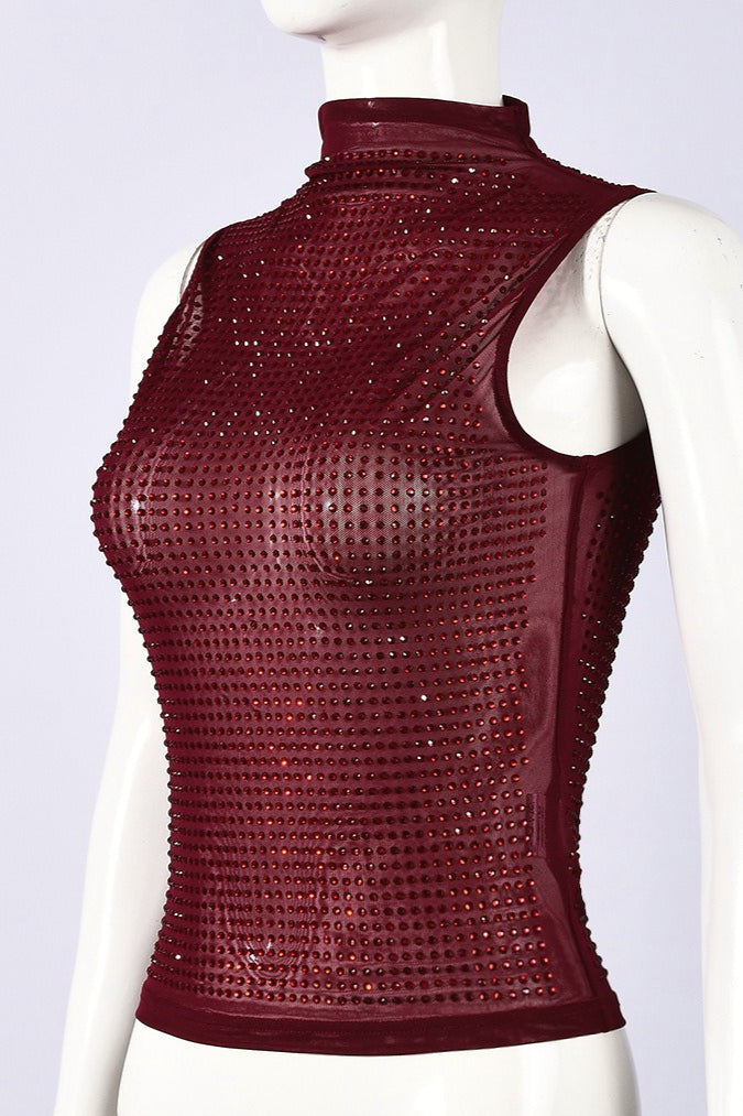 Rhinestone Sheer Mesh Slim Tank Top
