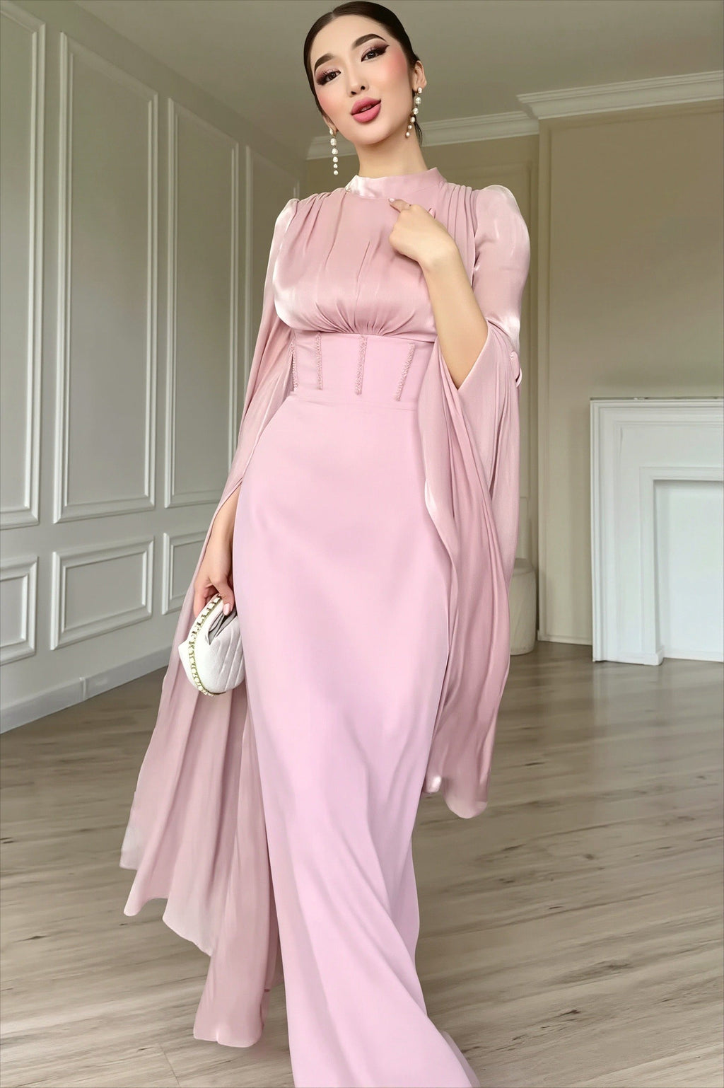 Glossy Flowy Sleeve Slim Maxi Dress