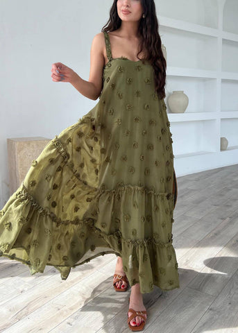 Armeegrünes Blumenkleid aus Baumwolle mit Spaghettiträgern und Rüschen 