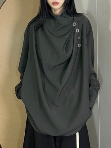 Blusas y camisas de manga larga, sueltas, asimétricas, plisadas, con abertura y cuello alto 